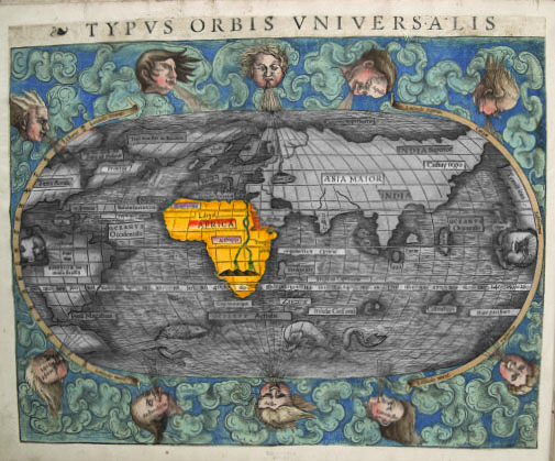 Image: Typus Orbis Universalis from Ptolemy’s Geographia (Sebastian Münster 1540) fol. 2 verso. Courtesy The Newberry Library, Chicago, via Mapping Place exhibition catalog.
